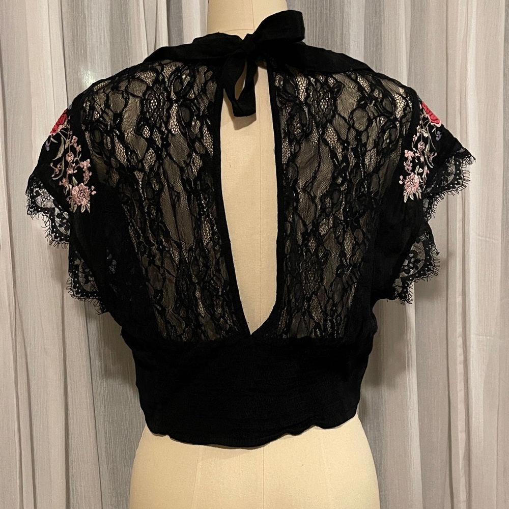 Sold!! Free People Black Lace Top with Floral Embroidery - Picture 2 of 12